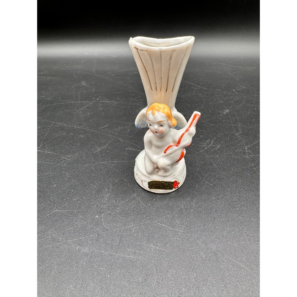 Vintage Cherub Angel Violin Porcelain Bud Vase Souvenir Kennett MO Japan 3.75"